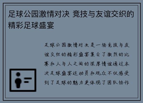 足球公园激情对决 竞技与友谊交织的精彩足球盛宴