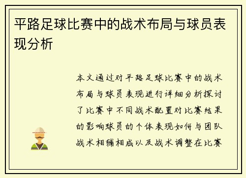 平路足球比赛中的战术布局与球员表现分析