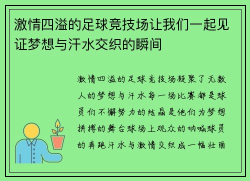 激情四溢的足球竞技场让我们一起见证梦想与汗水交织的瞬间