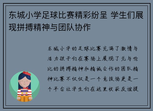 东城小学足球比赛精彩纷呈 学生们展现拼搏精神与团队协作