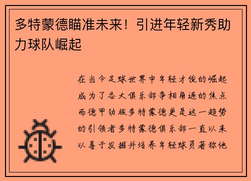 多特蒙德瞄准未来！引进年轻新秀助力球队崛起