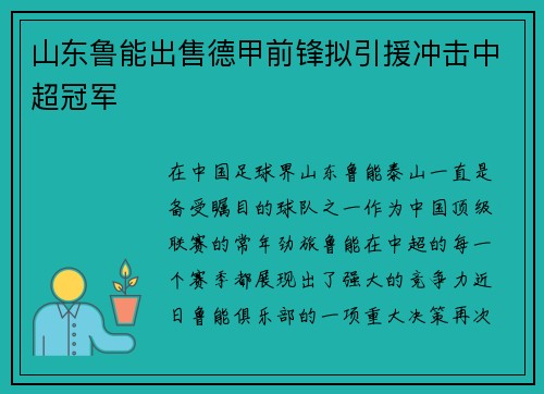山东鲁能出售德甲前锋拟引援冲击中超冠军