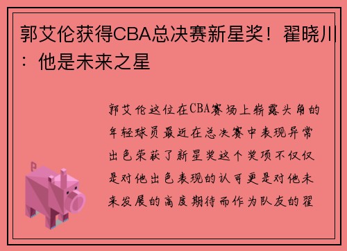 郭艾伦获得CBA总决赛新星奖！翟晓川：他是未来之星
