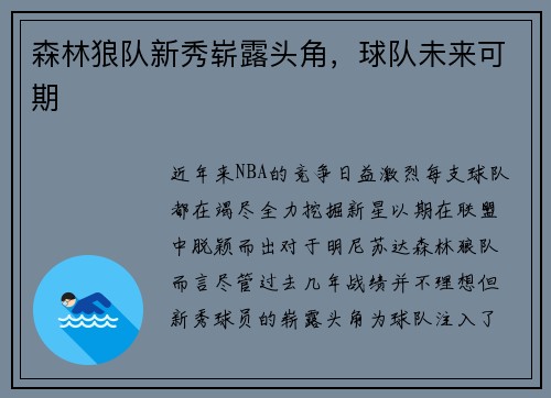 森林狼队新秀崭露头角，球队未来可期