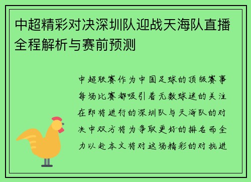 中超精彩对决深圳队迎战天海队直播全程解析与赛前预测
