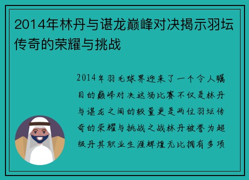2014年林丹与谌龙巅峰对决揭示羽坛传奇的荣耀与挑战