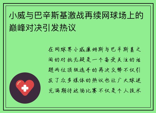 小威与巴辛斯基激战再续网球场上的巅峰对决引发热议