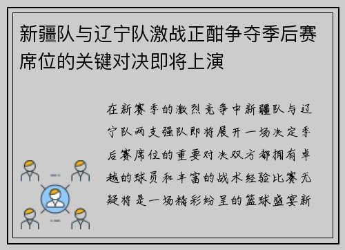 新疆队与辽宁队激战正酣争夺季后赛席位的关键对决即将上演