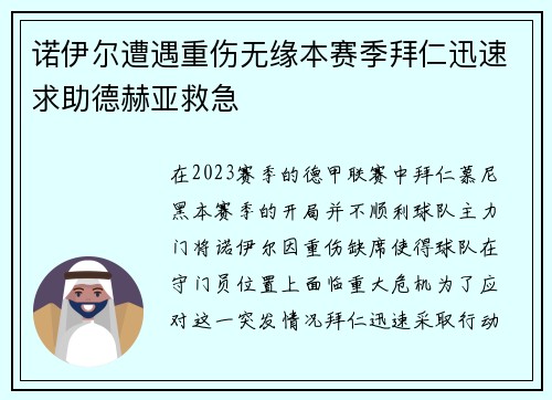 诺伊尔遭遇重伤无缘本赛季拜仁迅速求助德赫亚救急