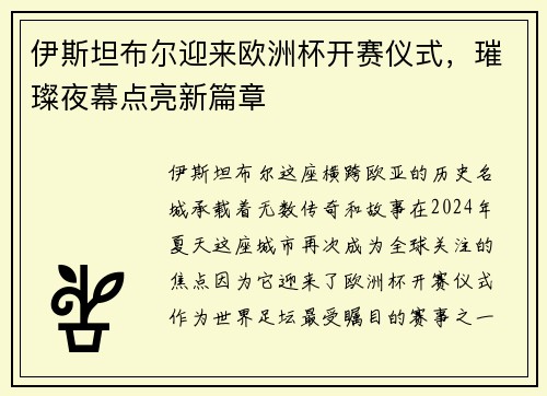 伊斯坦布尔迎来欧洲杯开赛仪式，璀璨夜幕点亮新篇章
