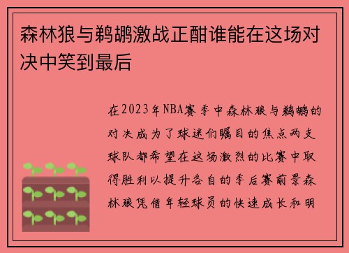 森林狼与鹈鹕激战正酣谁能在这场对决中笑到最后