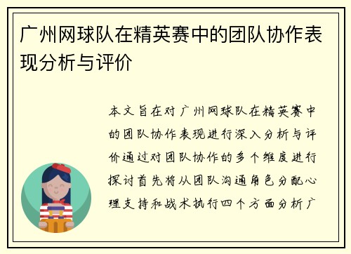 广州网球队在精英赛中的团队协作表现分析与评价