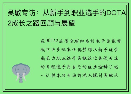 吴敏专访：从新手到职业选手的DOTA2成长之路回顾与展望
