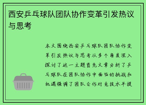 西安乒乓球队团队协作变革引发热议与思考