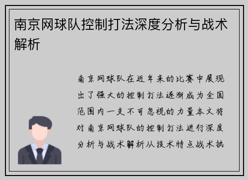南京网球队控制打法深度分析与战术解析