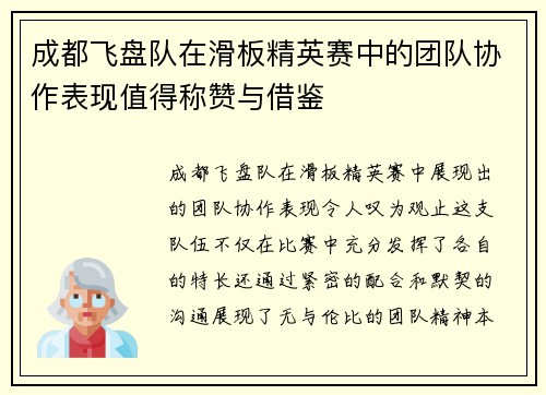 成都飞盘队在滑板精英赛中的团队协作表现值得称赞与借鉴