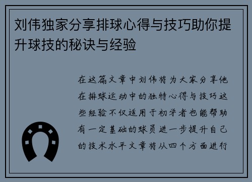 刘伟独家分享排球心得与技巧助你提升球技的秘诀与经验