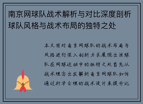 南京网球队战术解析与对比深度剖析球队风格与战术布局的独特之处